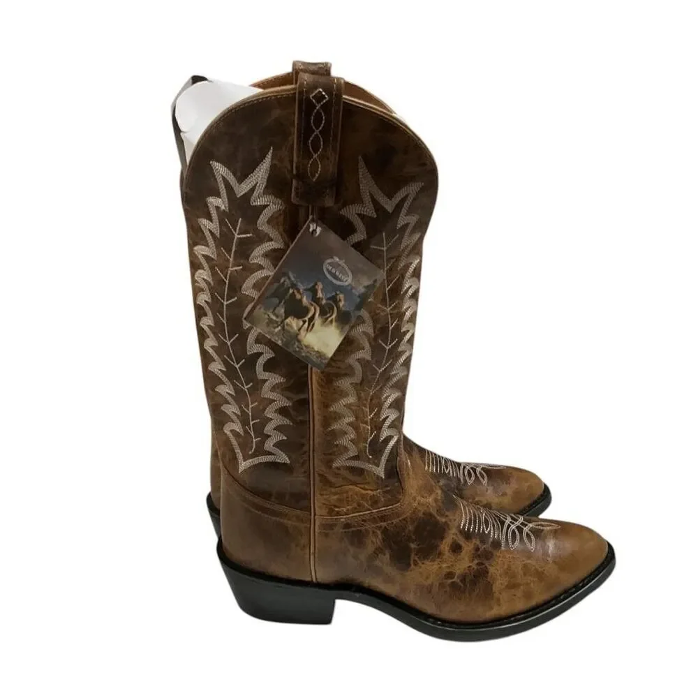 Old West Cowboy Boots Men 10.5 EE Brown Leather Pointed Toe Embroidery Western
